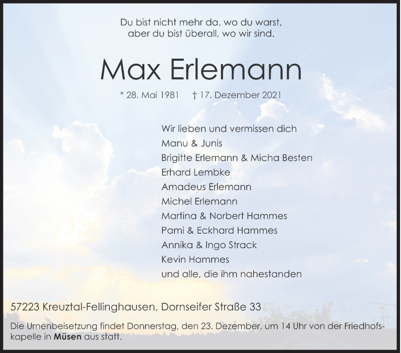  Traueranzeige für Max Erlemann vom 22.12.2021 aus Siegener Zeitung