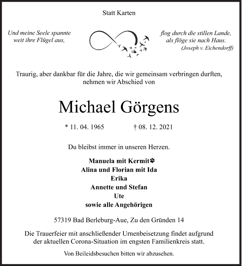  Traueranzeige für Michael Görgens vom 11.12.2021 aus Siegener Zeitung