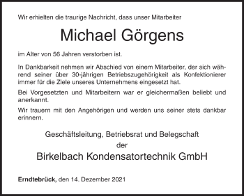 Traueranzeige von Michael Görgens von Siegener Zeitung
