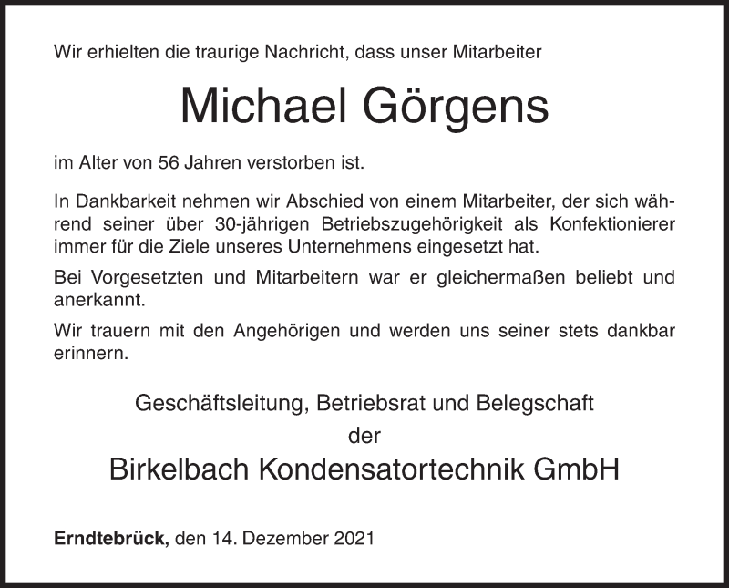  Traueranzeige für Michael Görgens vom 14.12.2021 aus Siegener Zeitung