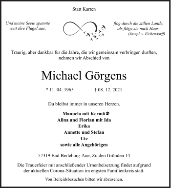 Traueranzeige von Michael Görgens von Siegener Zeitung