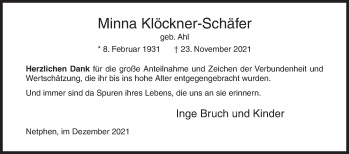 Traueranzeige von Minna Klöckner-Schäfer von Siegener Zeitung