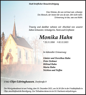 Traueranzeige von Monika Hahn von Siegener Zeitung