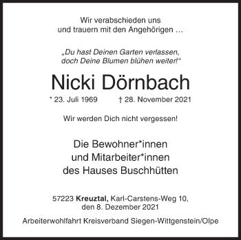 Traueranzeige von Nicki Dörnbach von Siegener Zeitung