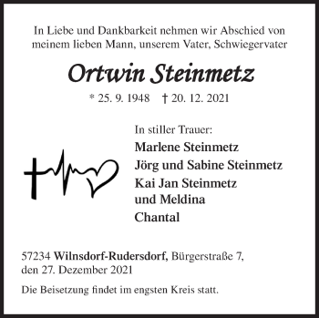 Traueranzeige von Ortwin Steinmetz von Siegener Zeitung