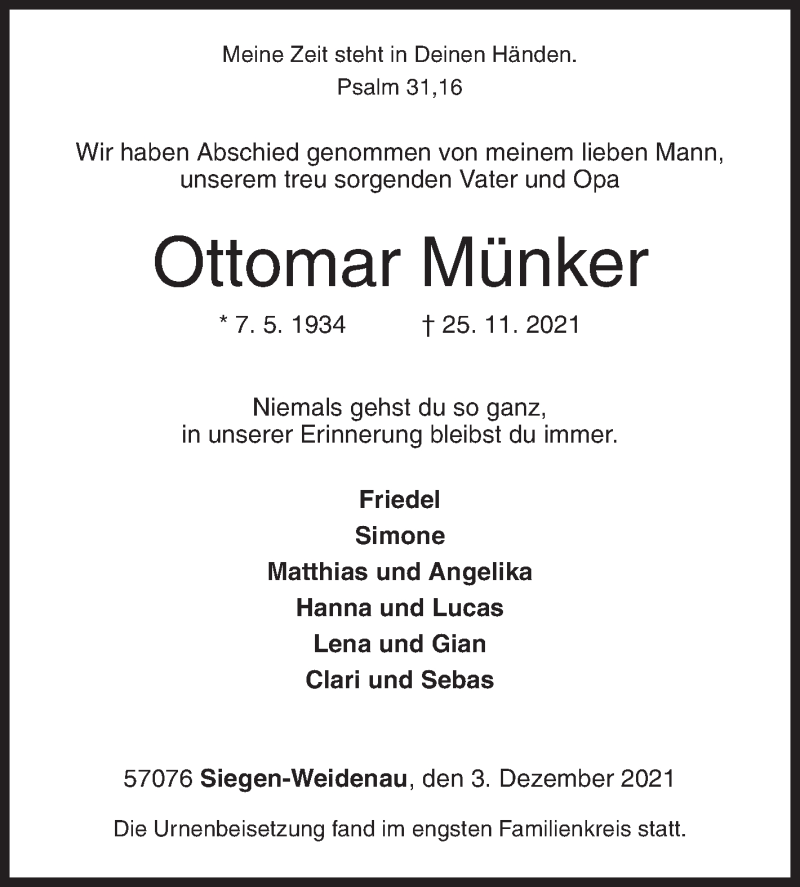  Traueranzeige für Ottomar Münker vom 03.12.2021 aus Siegener Zeitung