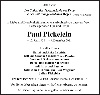 Traueranzeige von Paul Pickelein von Siegener Zeitung