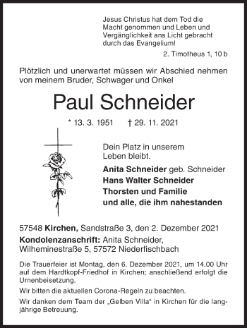 Traueranzeige von Paul Schneider von Siegener Zeitung