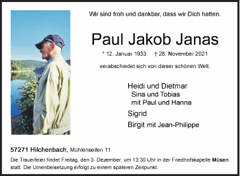 Traueranzeige von Paul Jakob Janas von Siegener Zeitung