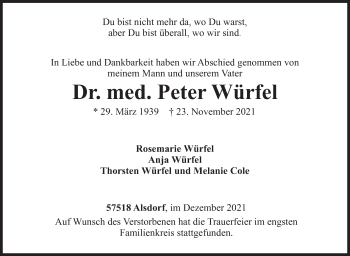 Traueranzeige von Peter Würfel von Siegener Zeitung