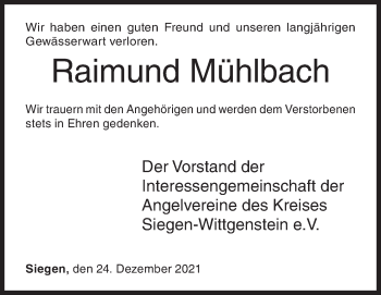 Traueranzeige von Raimund Mühlbach von Siegener Zeitung