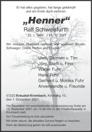 Traueranzeige von Ralf Schweisfurth von Siegener Zeitung