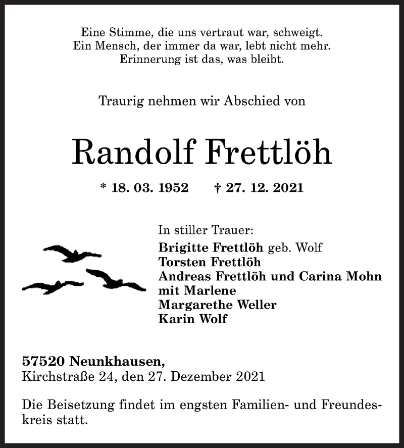 Traueranzeige für Randolf Frettlöh vom 30.12.2021 aus Siegener Zeitung
