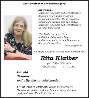 Traueranzeige von Rita Klaiber von Siegener Zeitung