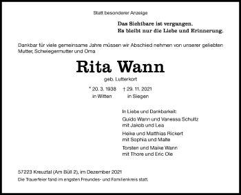 Traueranzeige von Rita Wann von Siegener Zeitung
