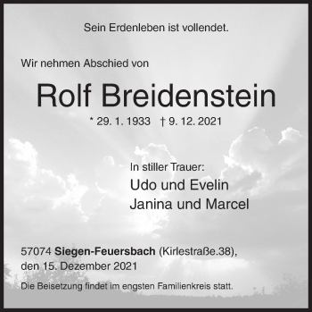 Traueranzeige von Rolf Breidenstein von Siegener Zeitung