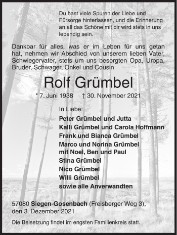 Traueranzeige von Rolf Grümbel von Siegener Zeitung