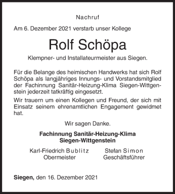 Traueranzeige von Rolf Schöpa von Siegener Zeitung