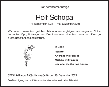 Traueranzeige von Rolf Schöpa von Siegener Zeitung