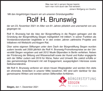 Traueranzeige von Rolf H. Brunswig von Siegener Zeitung
