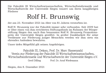 Traueranzeige von Rolf H. Brunswig von Siegener Zeitung