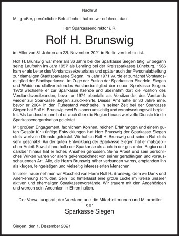 Traueranzeige von Rolf H. Brunswig von Siegener Zeitung