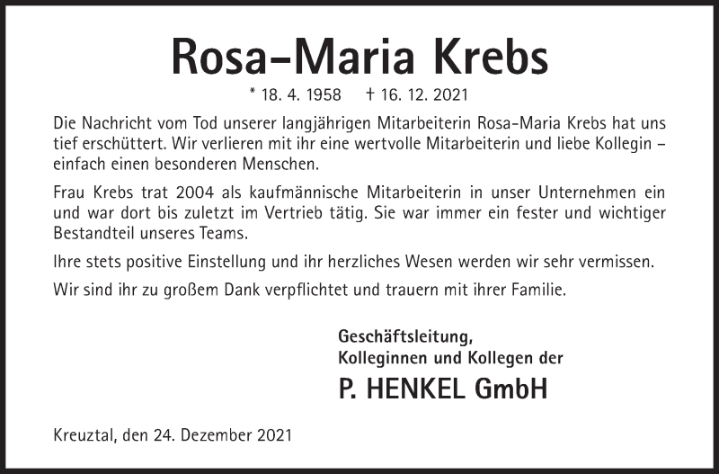  Traueranzeige für Rosa-Maria Krebs vom 24.12.2021 aus Siegener Zeitung