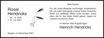 Traueranzeige von Rosel Hendricks von Siegener Zeitung