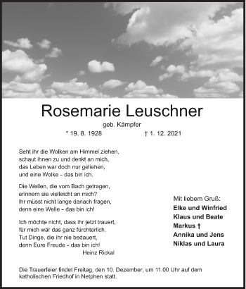 Traueranzeige von Rosemarie Leuschner von Siegener Zeitung