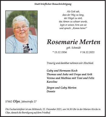 Traueranzeige von Rosemarie Merten von Siegener Zeitung