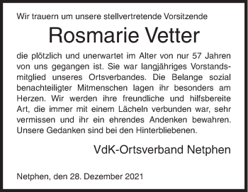 Traueranzeige von Rosmarie Vetter von Siegener Zeitung
