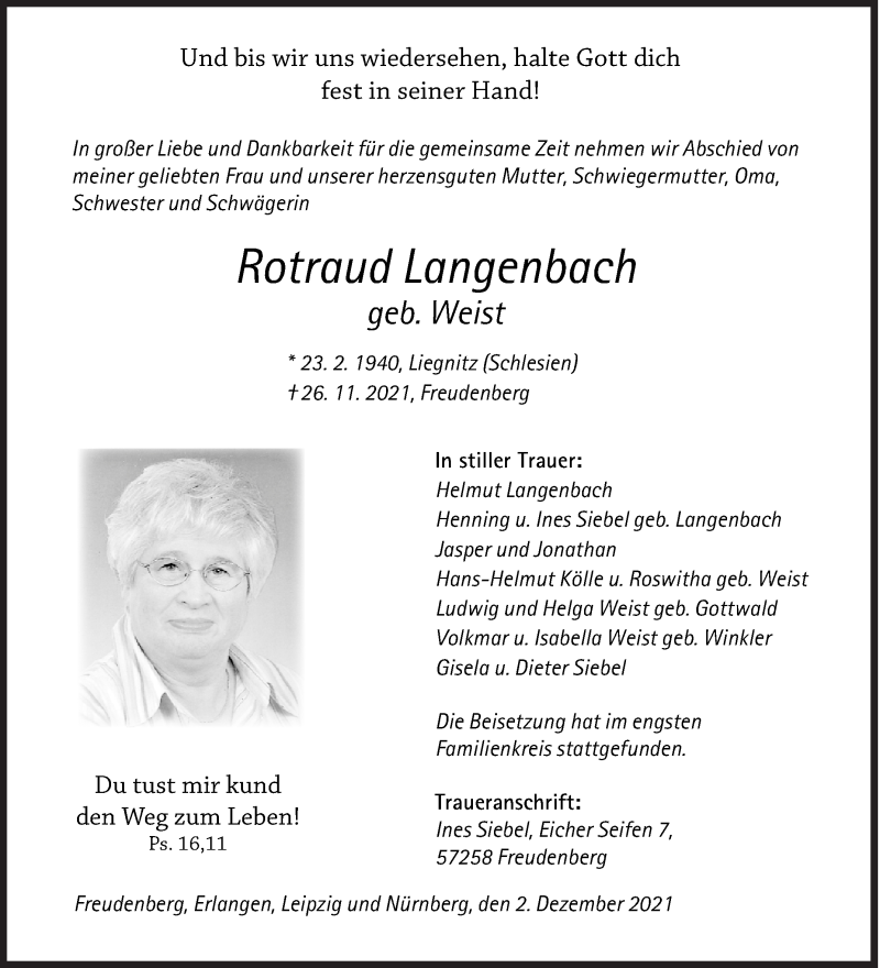  Traueranzeige für Rotraud Langenbach vom 04.12.2021 aus Siegener Zeitung