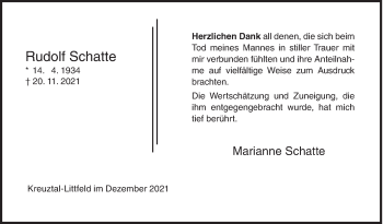 Traueranzeige von Rudolf Schatte von Siegener Zeitung