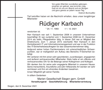 Traueranzeige von Rüdiger Karbach von Siegener Zeitung