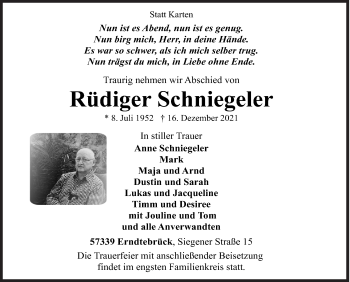 Traueranzeige von Rüdiger Schniegeler von Siegener Zeitung