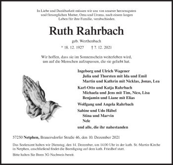 Traueranzeige von Ruth Rahrbach von Siegener Zeitung