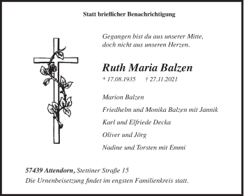 Traueranzeige von Ruth Maria Balzen von Siegener Zeitung