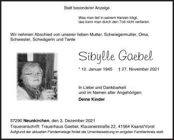 Traueranzeige von Sibylle Gaebel von Siegener Zeitung