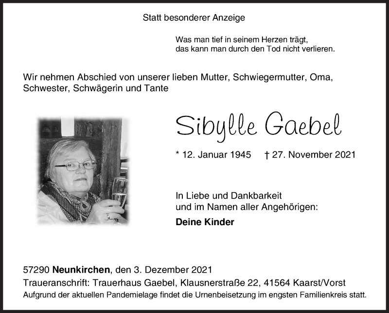  Traueranzeige für Sibylle Gaebel vom 03.12.2021 aus Siegener Zeitung