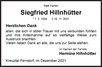 Traueranzeige von Siegfried Hillnhütter von Siegener Zeitung