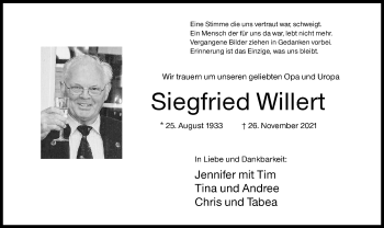 Traueranzeige von Siegfried Willert von Siegener Zeitung