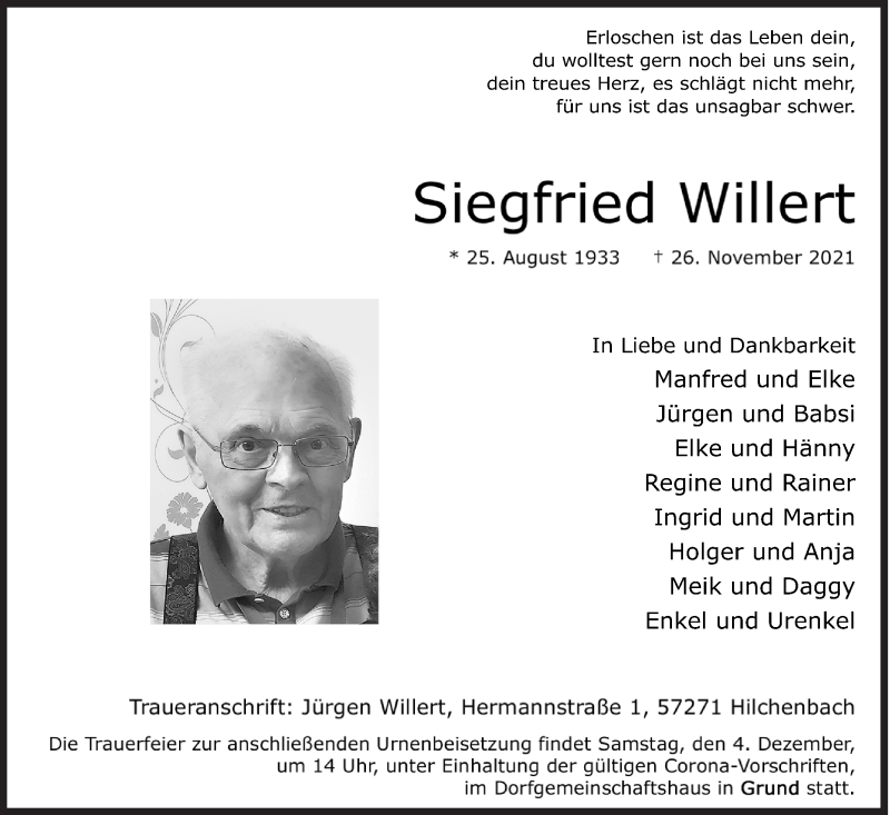  Traueranzeige für Siegfried Willert vom 01.12.2021 aus Siegener Zeitung