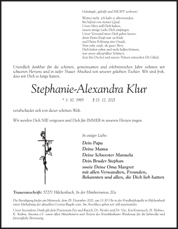 Traueranzeige von Stephanie-Alexandra Klur von Siegener Zeitung