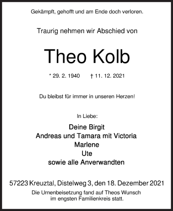 Traueranzeige von Theo Kolb von Siegener Zeitung