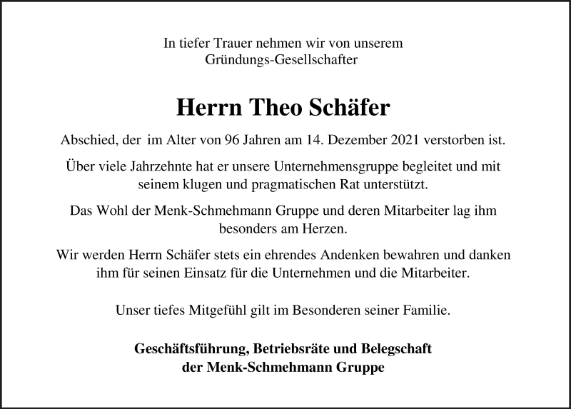  Traueranzeige für Theo Schäfer vom 24.12.2021 aus Siegener Zeitung