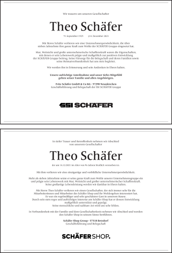 Traueranzeige von Theo Schäfer von Siegener Zeitung