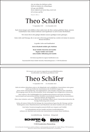 Traueranzeige von Theo Schäfer von Siegener Zeitung