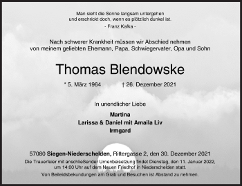 Traueranzeige von Thomas Blendowske von Siegener Zeitung