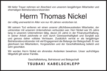 Traueranzeige von Thomas Nickel von Siegener Zeitung