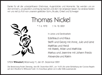 Traueranzeige von Thomas Nickel von Siegener Zeitung